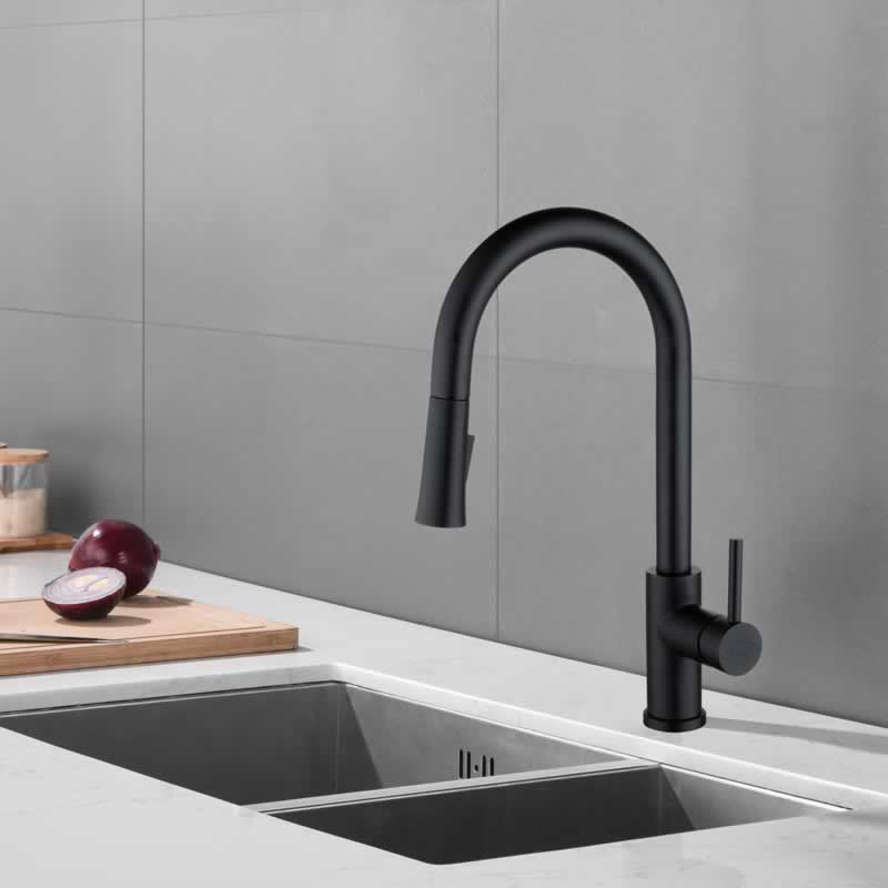 Halvard pull down kitchen faucet in Matte Black, installed over a kitchen sink