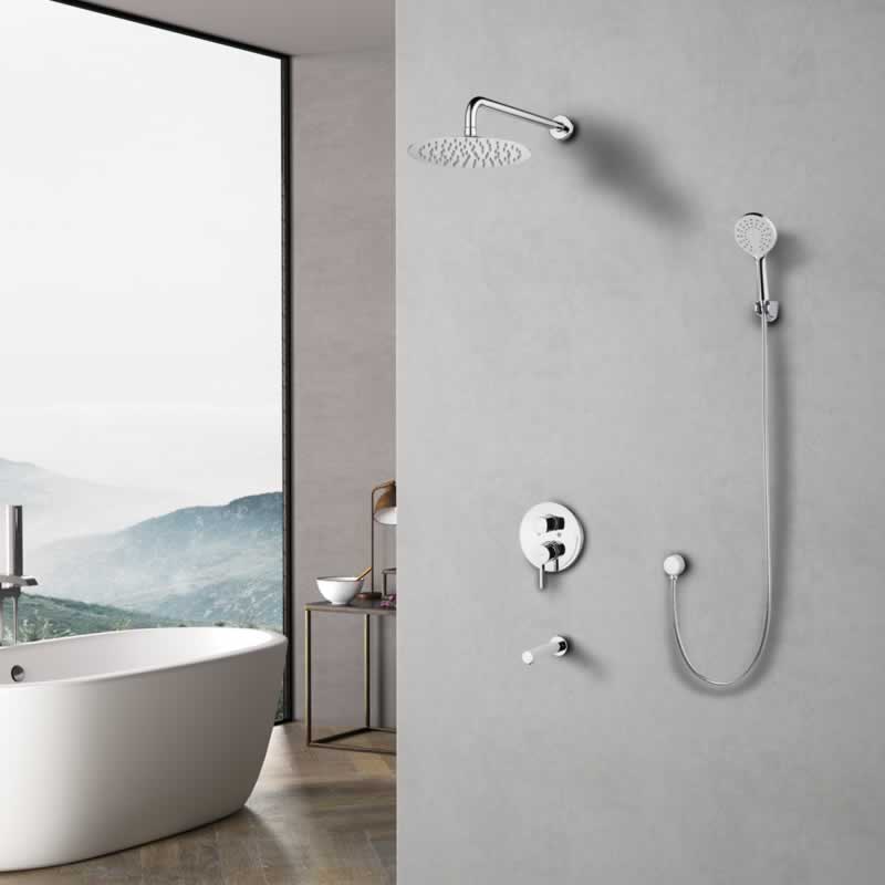 Henrik round shower and tub combo faucet with rain head, hand shower and tub spout in Polished Chrome, installed on a shower wall