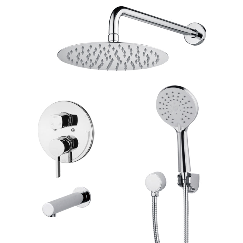 Henrik round shower and tub combo faucet with rain head, hand shower and tub spout in Polished Chrome