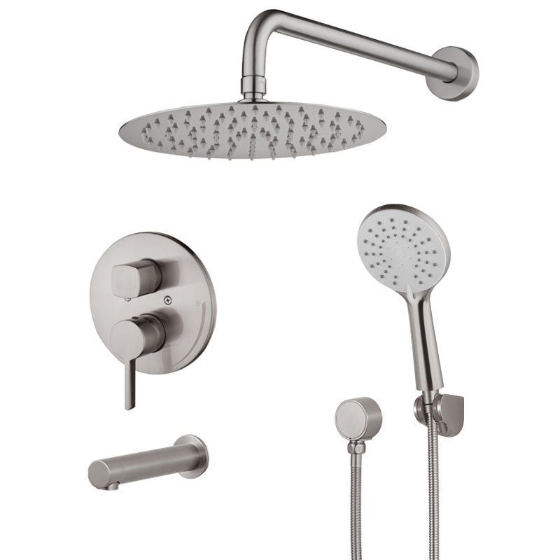 Henrik round shower and tub combo faucet with rain head, hand shower and tub spout in Brushed Nickel