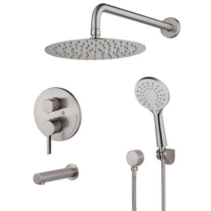 Henrik round shower and tub combo faucet with rain head, hand shower and tub spout in Brushed Nickel