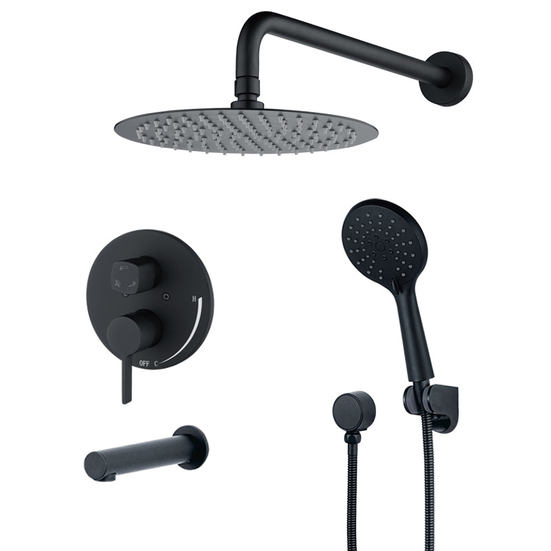 Henrik round shower and tub combo faucet with rain head, hand shower and tub spout in Matte Black