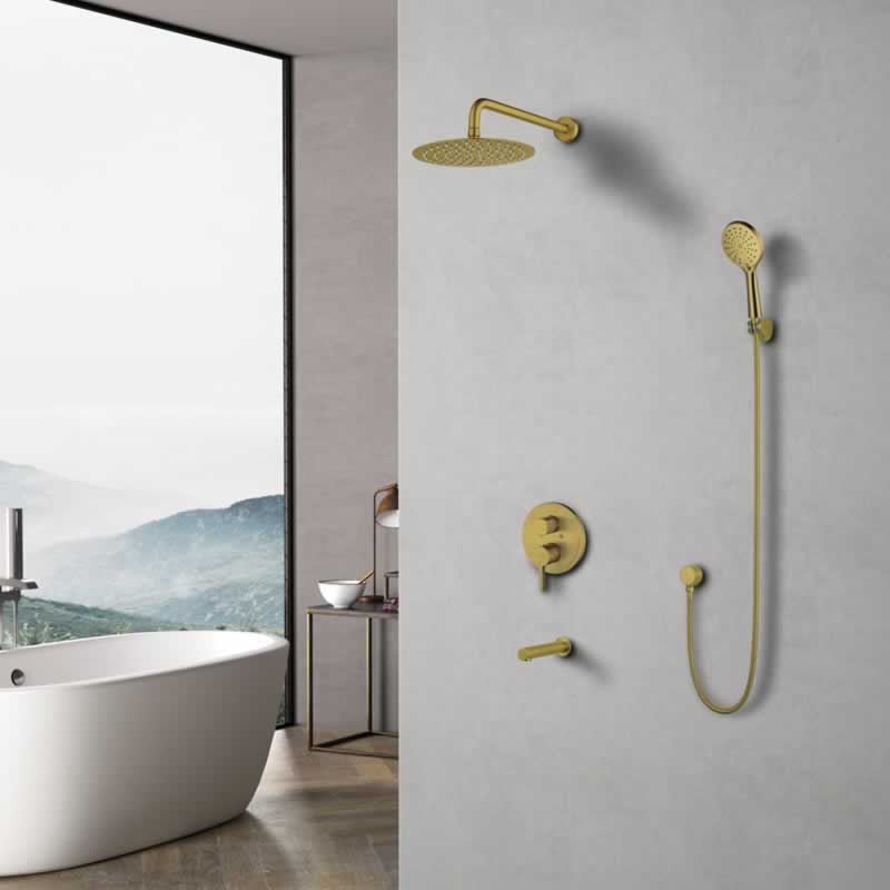 Henrik round shower and tub combo faucet with rain head, hand shower and tub spout in Brushed Gold