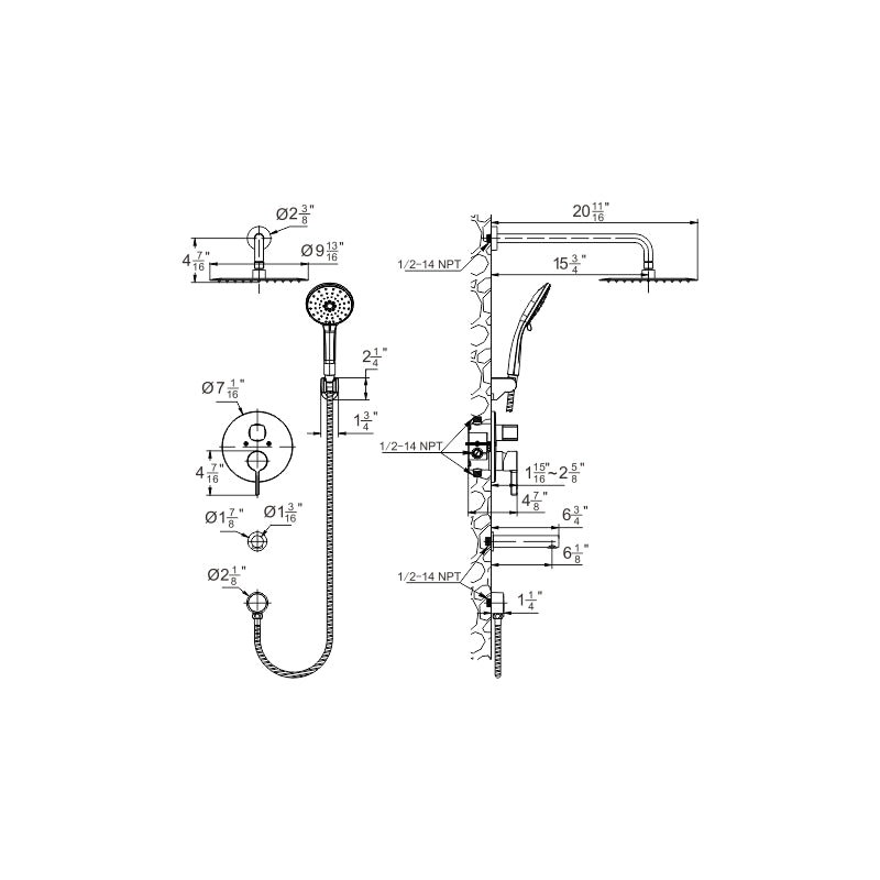 Henrik round shower and tub combo faucet with rain head, hand shower and tub spout dimension drawing
