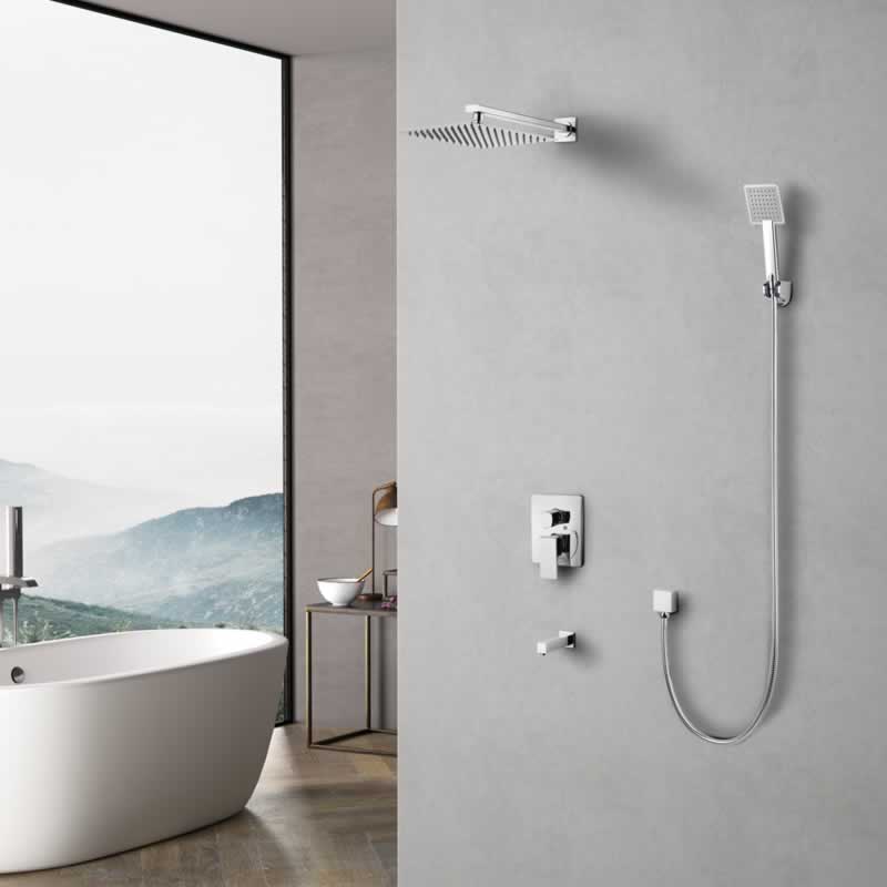 Idun squared shower and tub combo faucet with rain head, hand shower and tub spout in Polished Chrome, installed on a shower wall