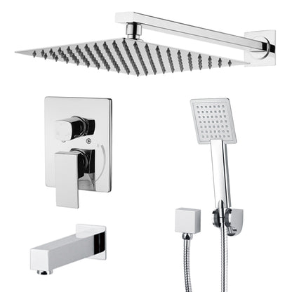 Idun squared shower and tub combo faucet with rain head, hand shower and tub spout in Polished Chrome