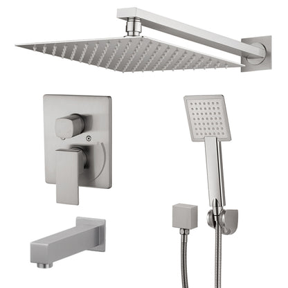 Idun squared shower and tub combo faucet with rain head, hand shower and tub spout in Brushed Nickel