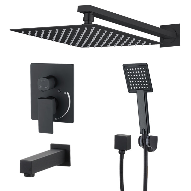 Idun squared shower and tub combo faucet with rain head, hand shower and tub spout in Matte Black