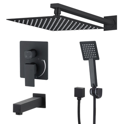 Idun squared shower and tub combo faucet with rain head, hand shower and tub spout in Matte Black