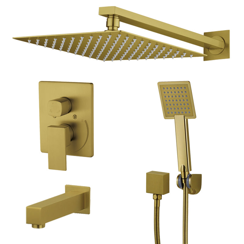 Idun squared shower and tub combo faucet with rain head, hand shower and tub spout in Brushed Gold