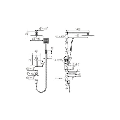 Idun squared shower and tub combo faucet with rain head, hand shower and tub spout dimension drawing
