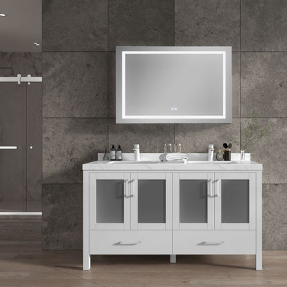 Lilja 60" Freestanding Bathroom Vanity with Carrara Quartz Top and Porcelain Undermount Sinks