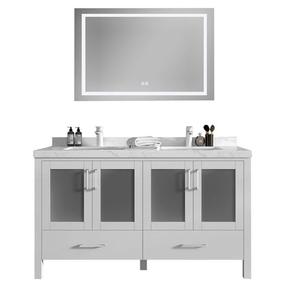 Lilja 60" Freestanding Bathroom Vanity with Carrara Quartz Top and Porcelain Undermount Sinks