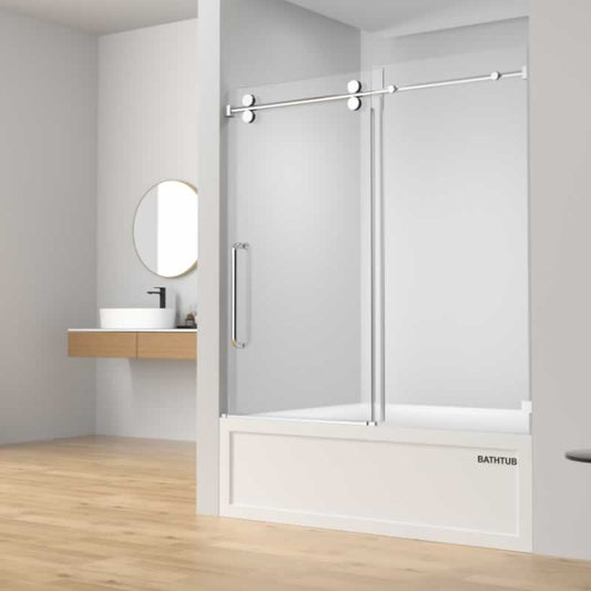 Mirelle single sliding shower door with corner return panel, 3/8 inch clear tempered glass