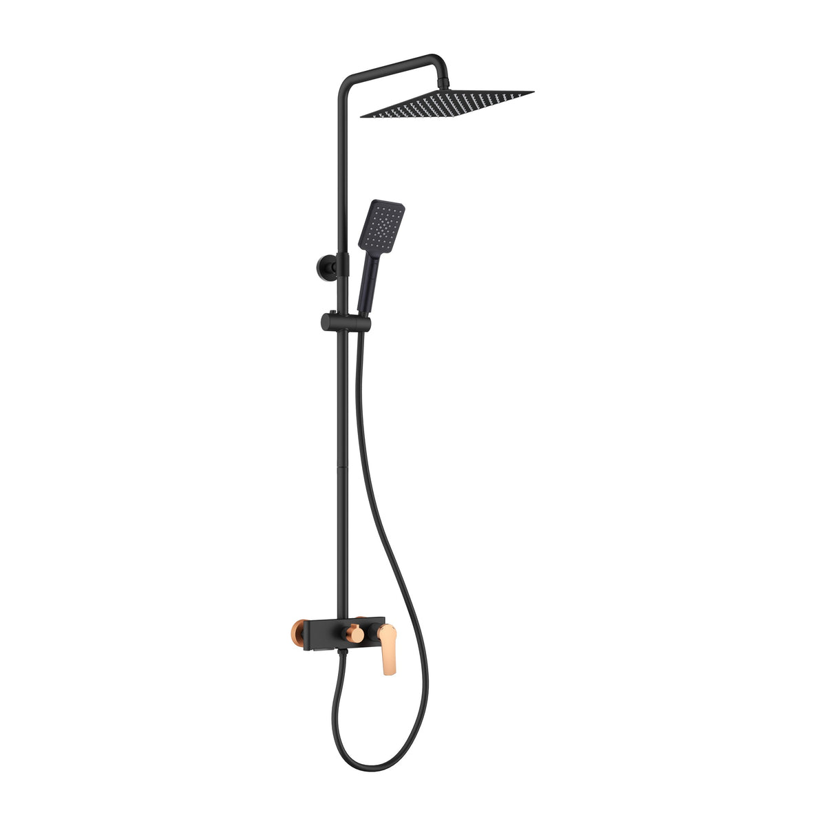 Torsten squared shower faucet system in Matte Black with Rose Gold, with rain head and side wand