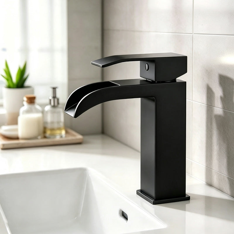 Torvald waterfall single hole bathroom faucet in Matte Black, installed on a bathroom vanity