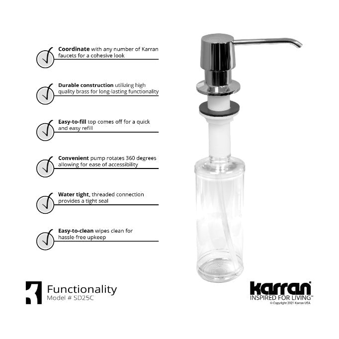 Arden kitchen soap dispenser in Polished Chrome, feature highlights