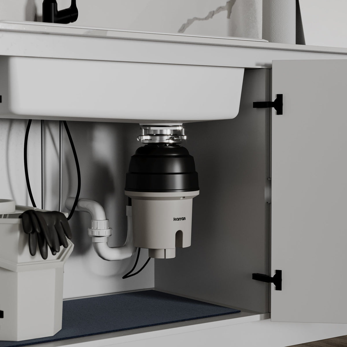 Ashworth continuous feed kitchen garbage disposal, 3/4 HP, installed under a kitchen sink