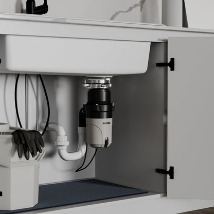 Ashworth continuous feed kitchen garbage disposal, 1/3 HP, installed under a kitchen sink