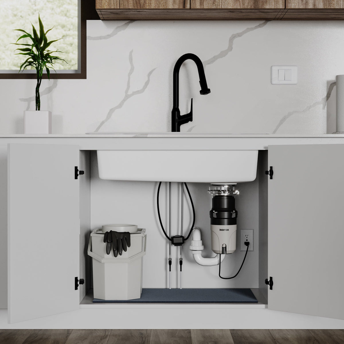 Ashworth continuous feed kitchen garbage disposal, 1/3 HP, installed under a kitchen sink