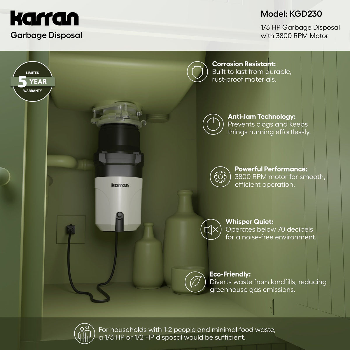 Ashworth continuous feed kitchen garbage disposal, 1/3 HP, feature highlights