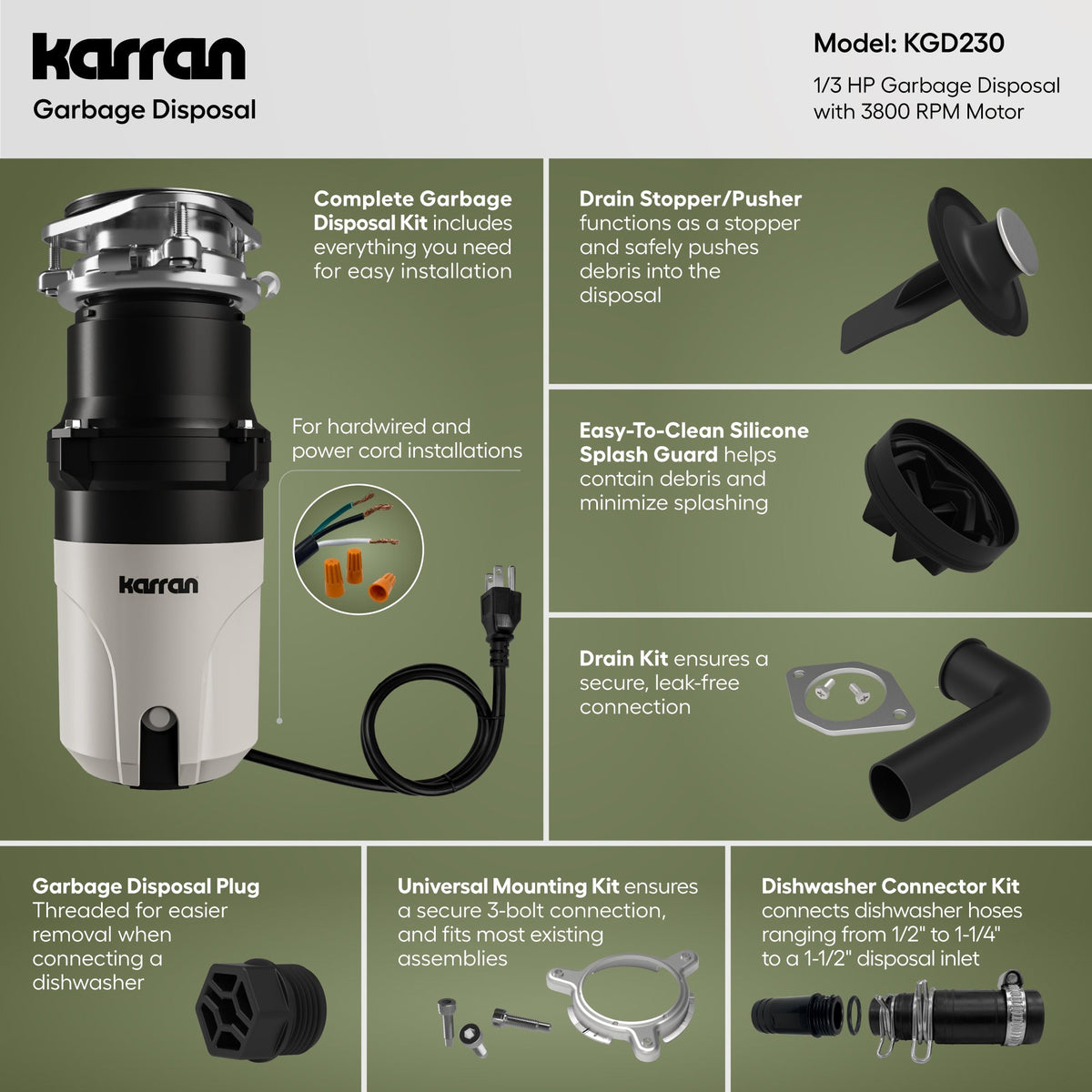 Ashworth continuous feed kitchen garbage disposal, 1/3 HP, included accessories