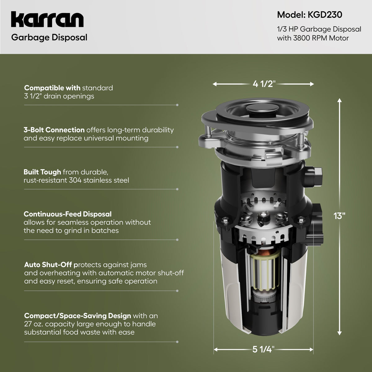 Ashworth continuous feed kitchen garbage disposal, 1/3 HP, dimensions and features diagram