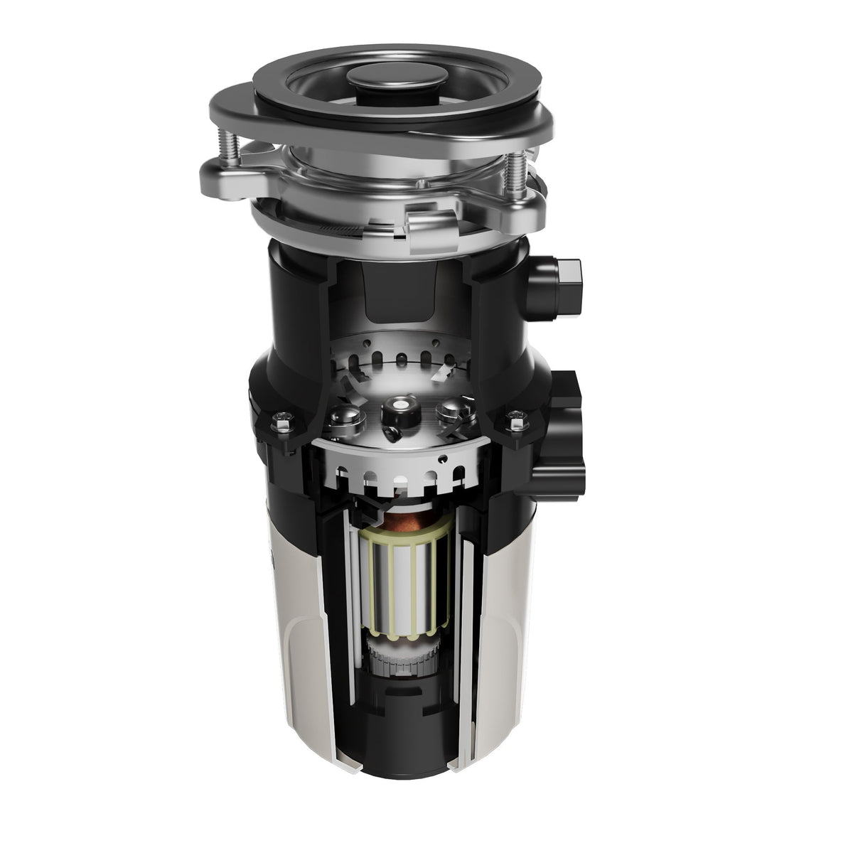 Ashworth continuous feed kitchen garbage disposal, 1/3 HP, cutaway view of the motor and grind chamber