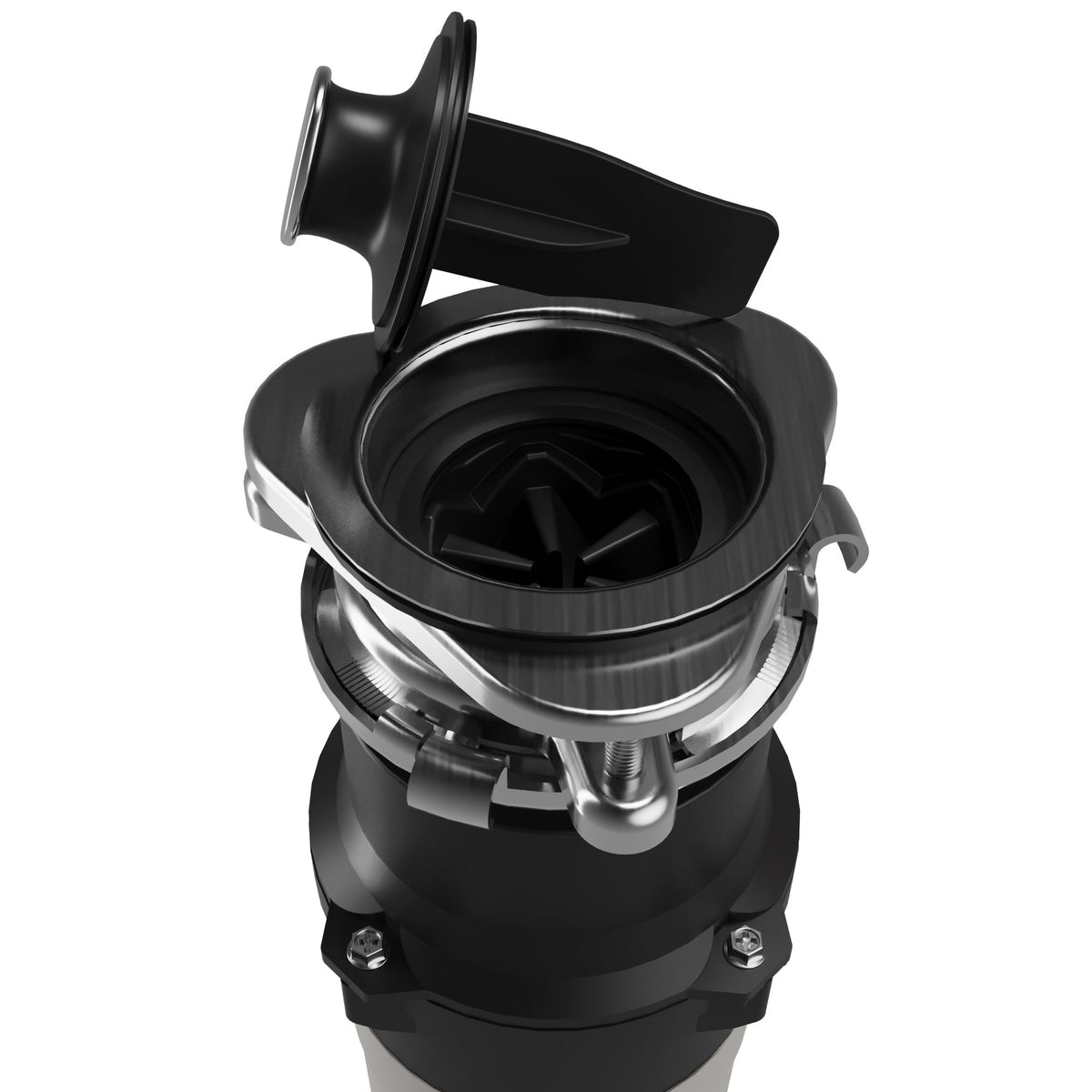 Ashworth continuous feed kitchen garbage disposal, 1/3 HP, top view of the grind chamber