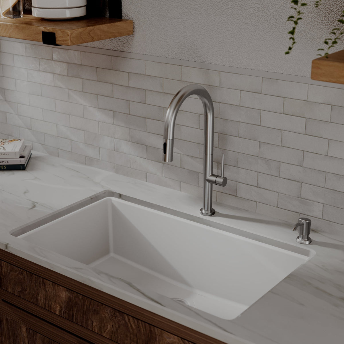 Brynford slim pull down kitchen faucet in Spot-Free Stainless Steel, installed in a kitchen