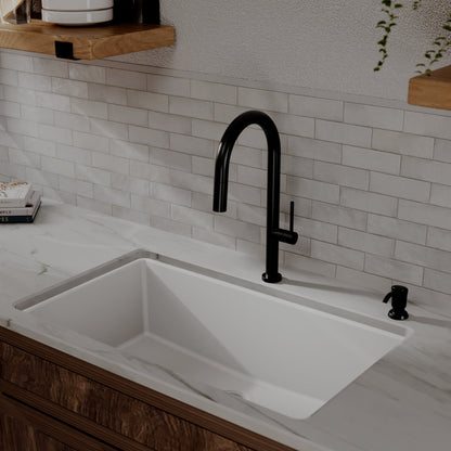Brynford slim pull down kitchen faucet in Matte Black, installed in a kitchen
