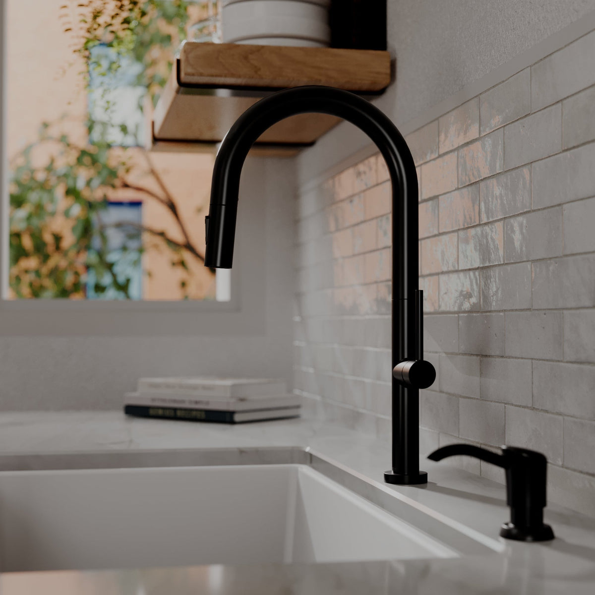 Brynford slim pull down kitchen faucet in Matte Black, in a styled kitchen