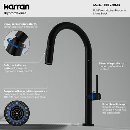 Brynford slim pull down kitchen faucet in Matte Black, feature highlights