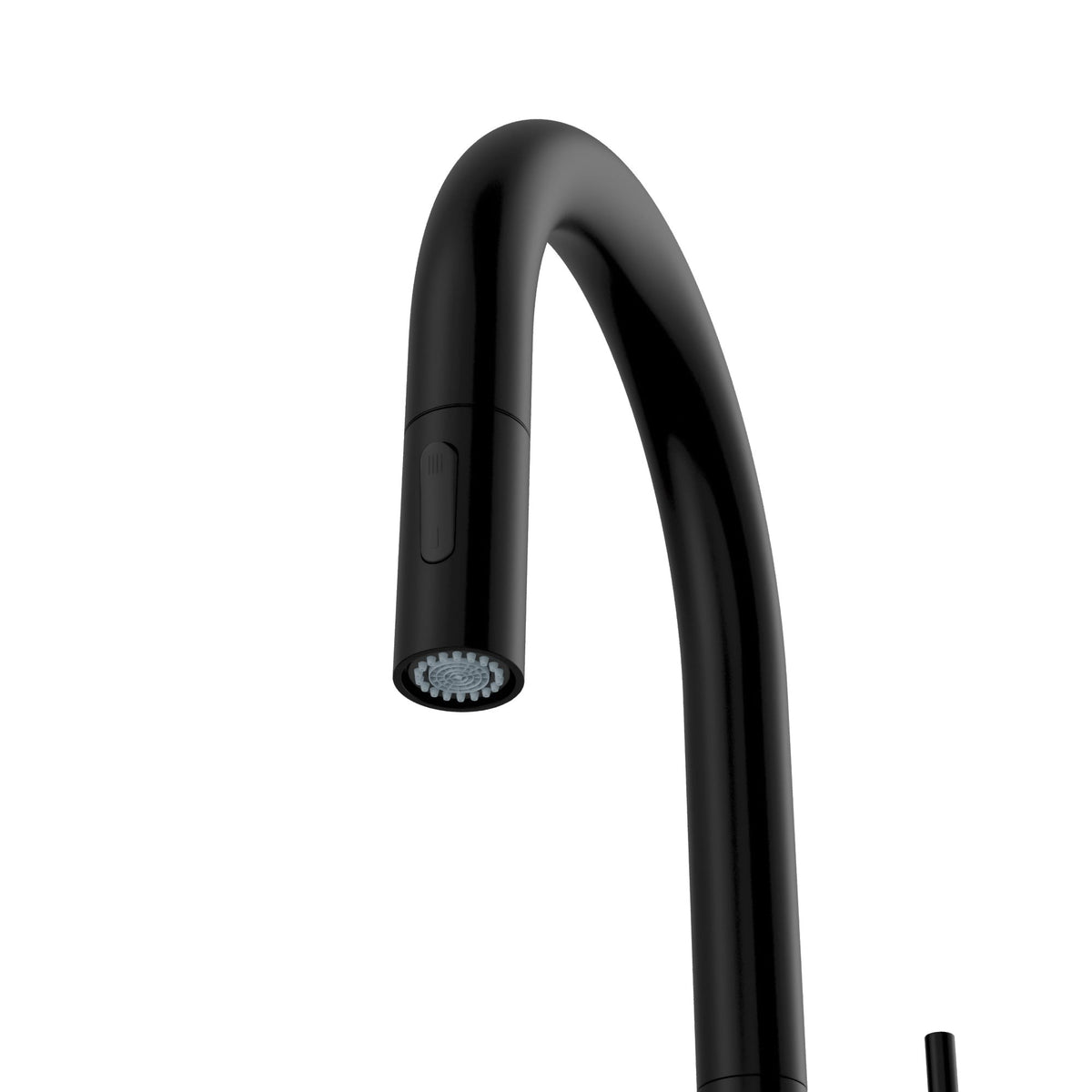 Brynford slim pull down kitchen faucet in Matte Black, spray head close up