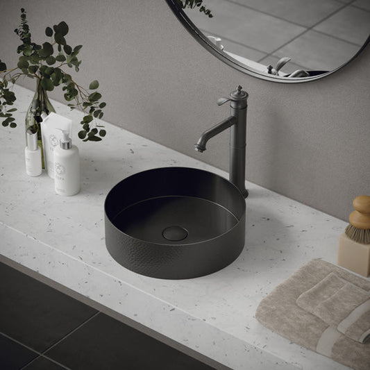Cinox Round Hammered Stainless Steel Vessel Bathroom Sink in Gunmetal Grey
