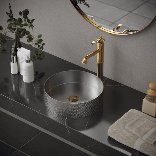 Cinox Round Hammered Stainless Steel Vessel Bathroom Sink in Stainless Steel