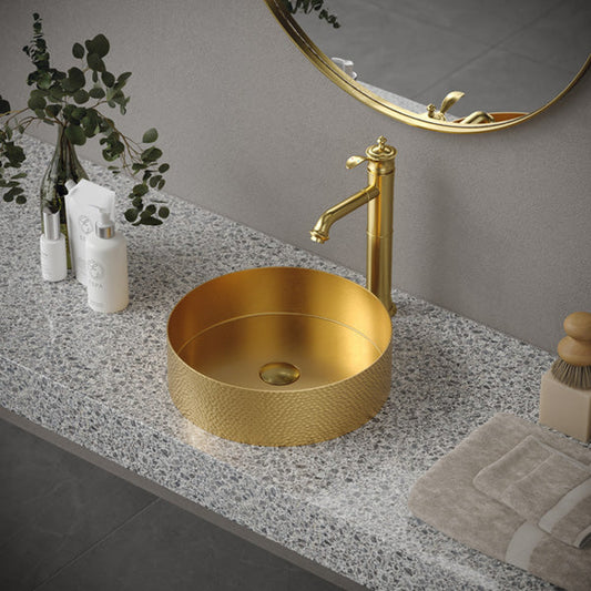 Cinox Round Hammered Stainless Steel Vessel Bathroom Sink in Gold