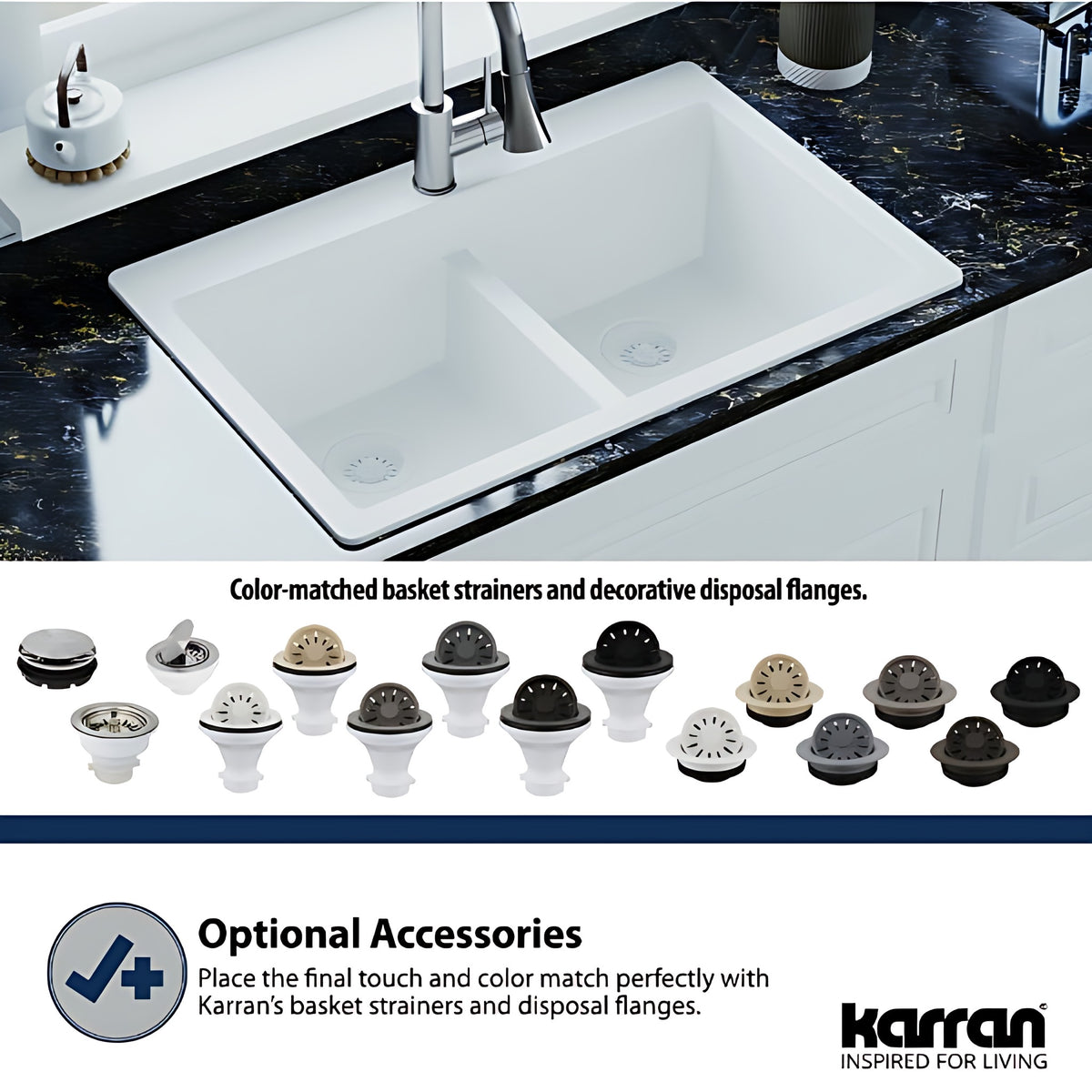 Color matched quartz sink garbage disposal flange, color options shown with a quartz sink