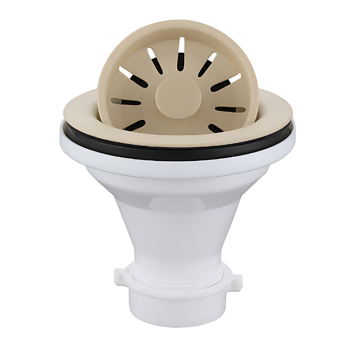 Color matched quartz kitchen sink basket strainer in Bisque