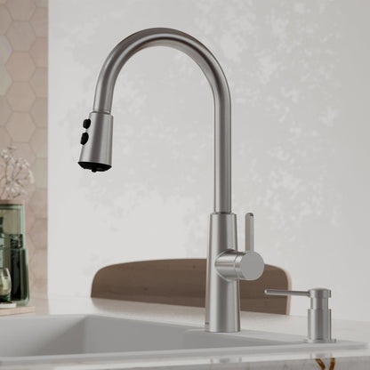 Elmsworth pull down kitchen faucet in Spot-Free Stainless Steel, installed in a kitchen