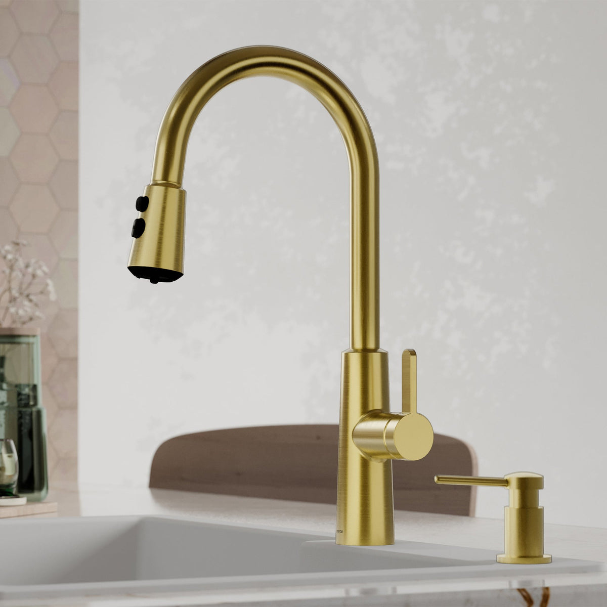 Elmsworth pull down kitchen faucet in Spot-Free Brushed Gold, installed in a kitchen