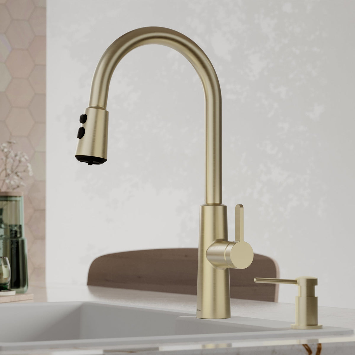 Elmsworth pull down kitchen faucet in Spot-Free Champagne Bronze, installed in a kitchen