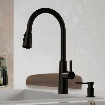 Elmsworth pull down kitchen faucet in Matte Black, installed in a kitchen
