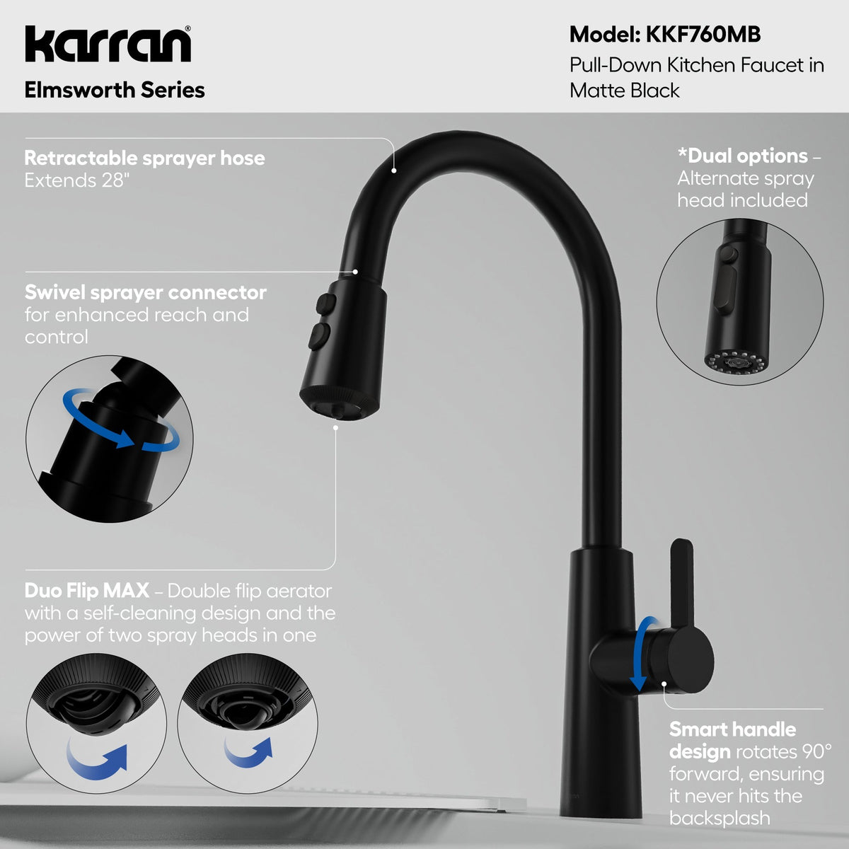 Elmsworth pull down kitchen faucet in Matte Black, feature highlights