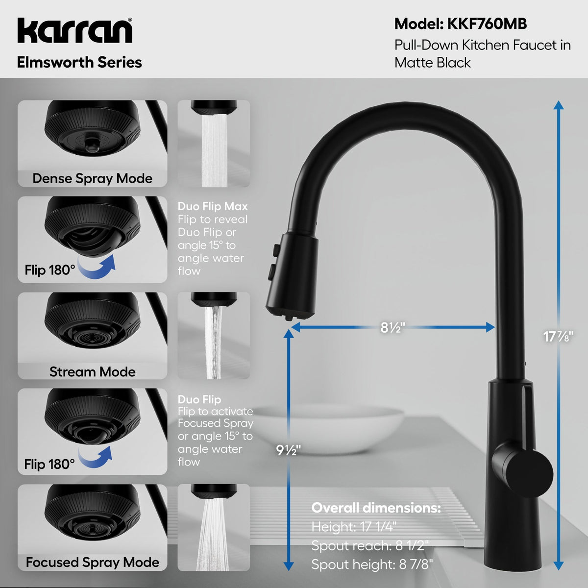 Elmsworth pull down kitchen faucet in Matte Black, dimensions diagram