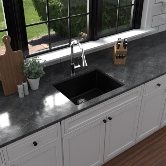Essence 24 inch quartz composite undermount single basin kitchen sink with sink grid