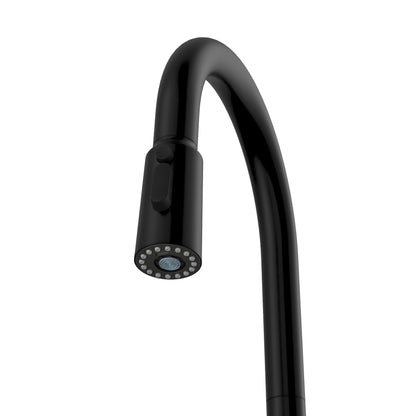 Faraday pull down kitchen faucet in Matte Black, spray head close up