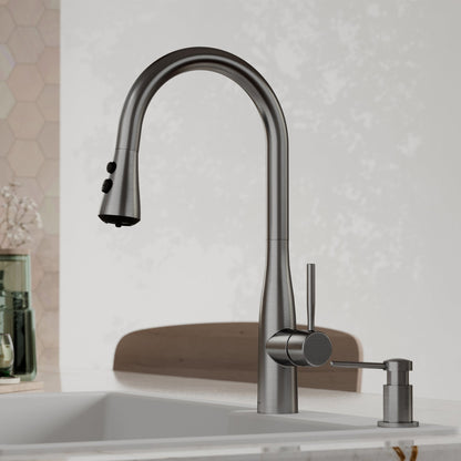 Faraday pull down kitchen faucet in Spot-Free Gunmetal Grey, installed in a kitchen