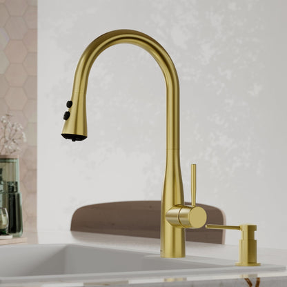 Faraday pull down kitchen faucet in Spot-Free Brushed Gold, installed in a kitchen