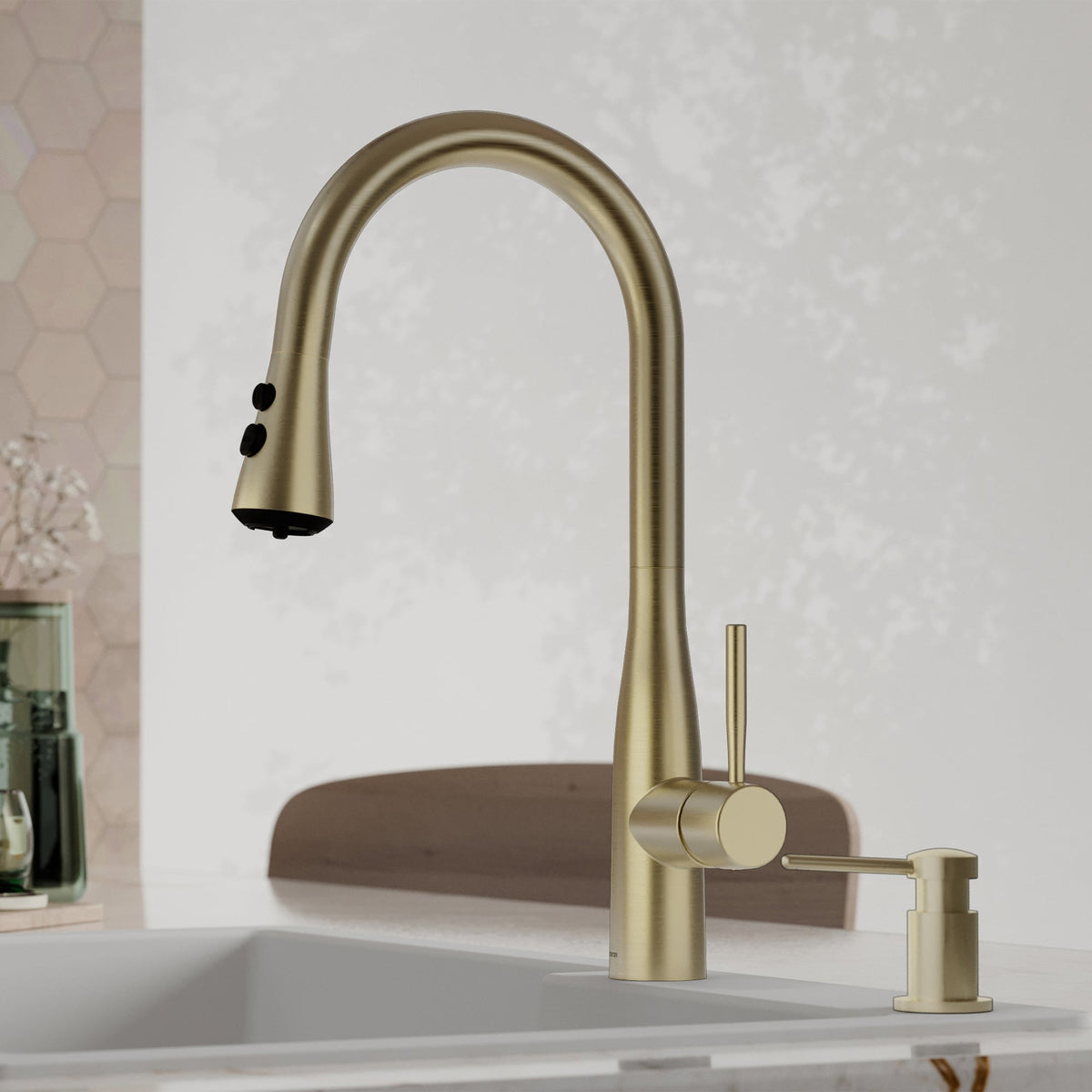 Faraday pull down kitchen faucet in Spot-Free Champagne Bronze, installed in a kitchen